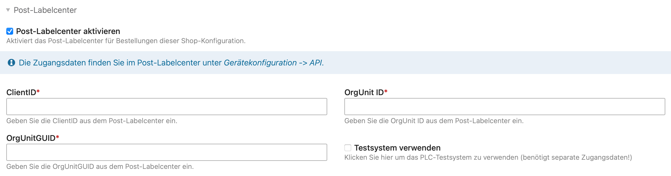 Einstellungen des Post-Labelcenter